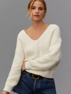 Anthropologie MAEVE Ivory Cotton Ribbed Knit Sculptured V-Neck Sweater, Size M